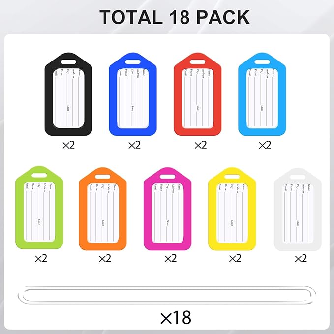 Sodsay 18 PK Luggage Tags for Suitcases (Assorted, Pack of 18 with 9 Vibrant Colors), Luggage Tag, Bag Tag for Baggage, Suitcase Tags Bulk