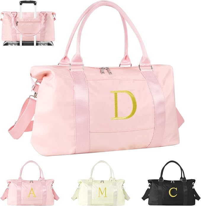 Personalized Initial Gym Dance Bag, Travel Duffel Bag for Teen Girls, Carry On Bag Overnight Weekender Bag with Trolley Sleeve, Birthday Gifts for Women Mom Daughter Graduation Gift(Letter D, Pink)