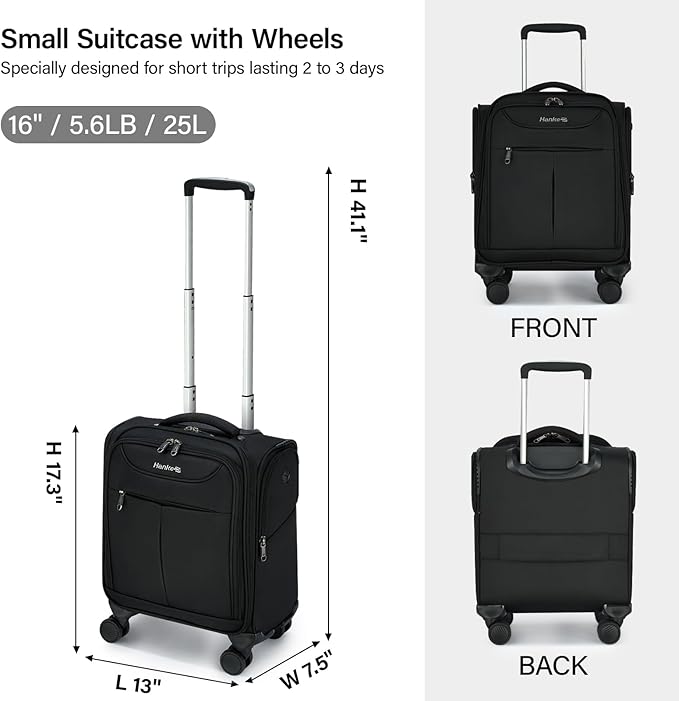 Hanke Underseat Carry On Luggage with Wheels, Lightweight Small Suitcase Airline Approved 16 Inch Softside Personal Item Travel Bag for Women Men, Compact Under Seat Luggage with Spinner Wheels,Black
