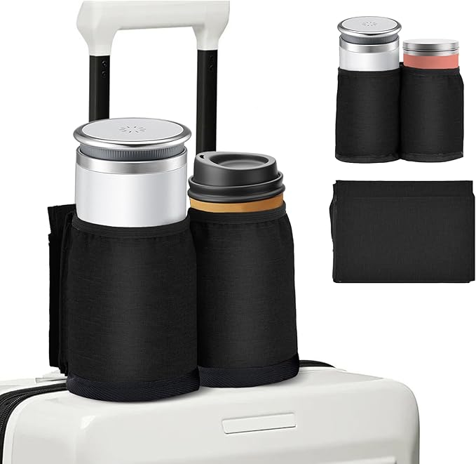 Luggage Travel Cup Holder for Suitcases Free Hands, Travel Accessories, Carry on Beverage Cup Holder Attachment, Luggage Cup Caddy Gifts for Flight Attendants, Business, Travelers, Black