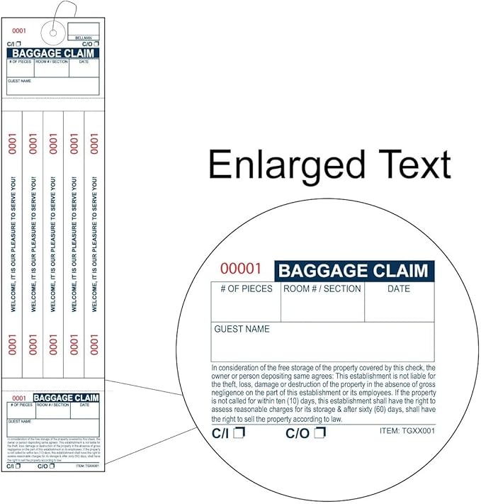 1000 The Perfect Baggage Claim Check Tags with 5 Matching Numbered Labels from 0001 to 1000. A Perfectly Integrated Label & Tag Combo. Size: 11" (Height) x 2 1/2" (Width)