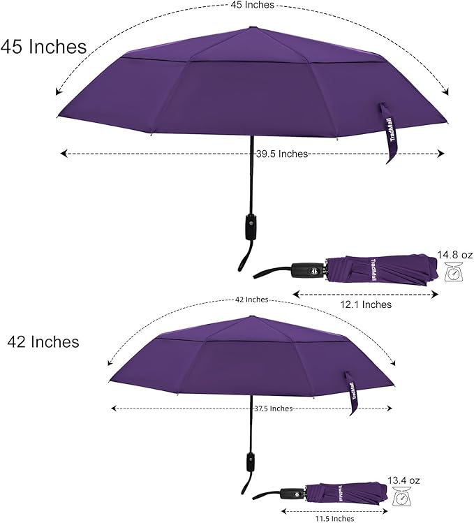 TradMall Travel Umbrella, 42/45 Inches Double Vented Canopy Windproof Automatic Strong Compact Folding Umbrellas for Rain Women and Men