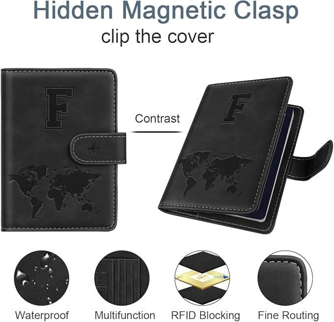 Passport Holder Wallet Cover Personalized Letter A-Z Travel Wallet RFID Blocking Passport Cover Wallet Case for Travel Passport Book Holders for Women and Men, Black-F