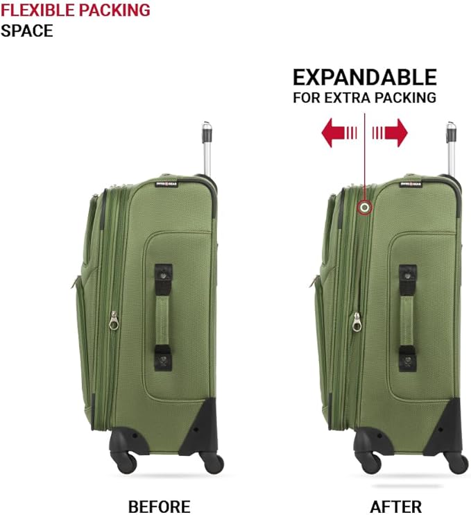 SWISSGEAR Sion Softside Expandable Spinner Luggage Durable Lightweight Travel Suitcase, Evergreen, Checked-Medium 25-Inch
