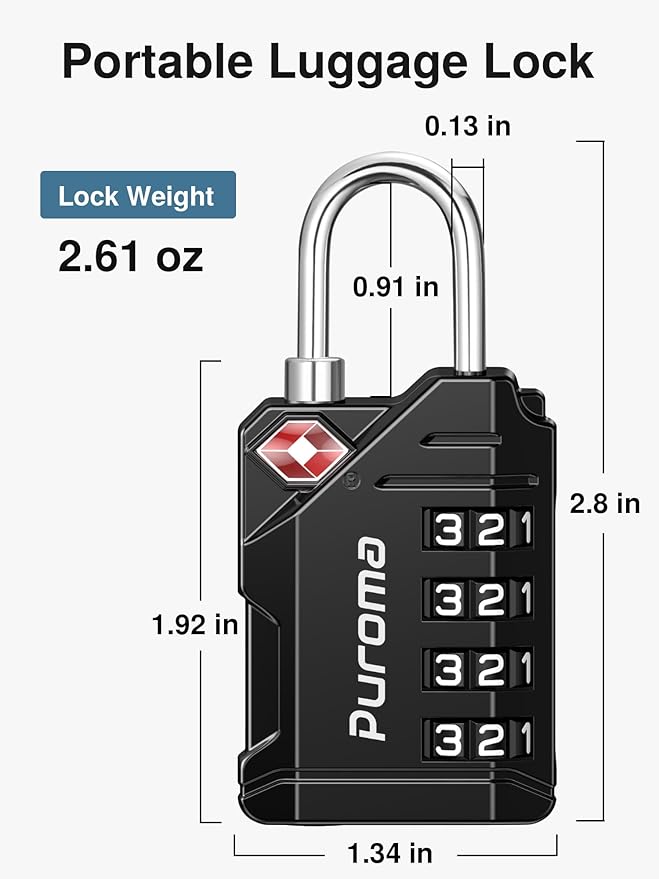 Puroma TSA Approved Travel Luggage Locks, 4 Pack Black 4 Digit Resettable Combination Code Lock with Zinc Alloy Body for Suitcase, Backpack, Laptop Bag, Gym Locker, Toolbox