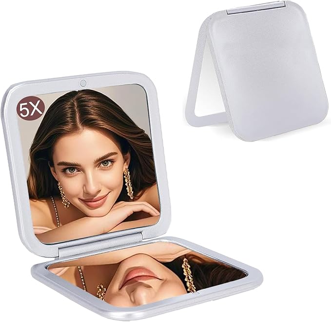 CYHTSHFZ Small Compact Mirror for Purse,5X/1X Travel Magnifying Mirror for Women, Makeup Mirror for Girls, Portable Ultra Slim Pocket Mirror（Silver）