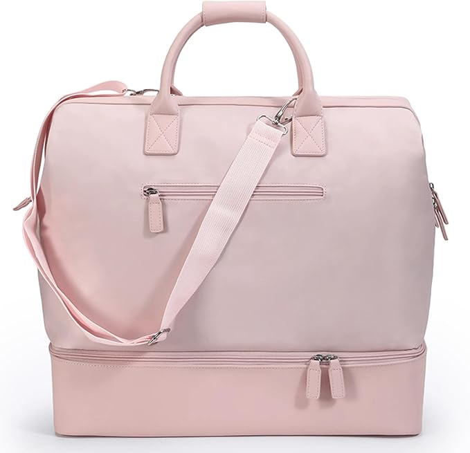 NOBL Travel Weekender Bag for Women & Men, Large Duffel Carry-On Tote with Trolley Sleeve, Separate Shoe Compartment & Laptop Pocket, Leather Overnight Bag for Airplane, Gym, Road Trips - Blush