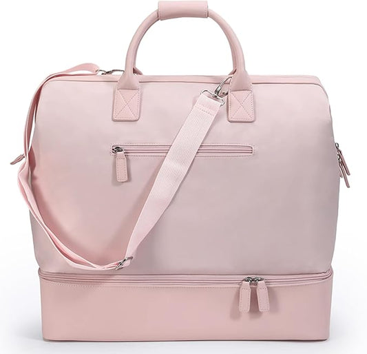 NOBL Travel Weekender Bag for Women & Men, Large Duffel Carry-On Tote with Trolley Sleeve, Separate Shoe Compartment & Laptop Pocket, Leather Overnight Bag for Airplane, Gym, Road Trips - Blush