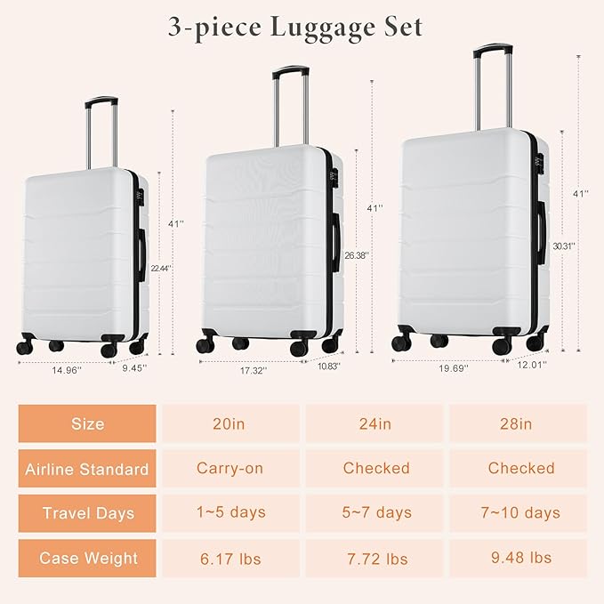 Sweetcrispy Carry on Luggage, Hard Shell ABS Suitcase with Double Spinner Wheels, Lightweight Expandable Rolling Suit Case with TSA Lock, 24 Inch Cream White