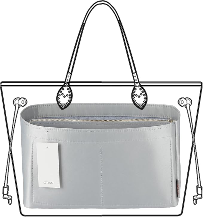 ZTUJO Purse Organizer Insert For Handbags, Purse Organizer With Zipper, Neverfull Organizer, Bag Organizer For Speedy Neverfull ONTHEGO Tote, Handbag and More (Silky Grey, small)
