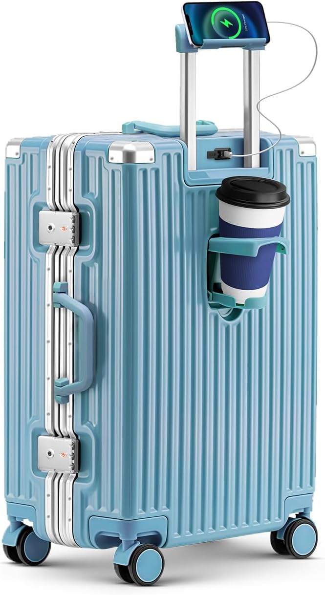 20 Inch Carry On Suitcase, Aluminum Frame Zipperless Hard Shell Luggage with Spinner Wheels, TSA Lock, USB Charging Port, Phone Holder, Cup Holder for Business Travel and Trips, Blue