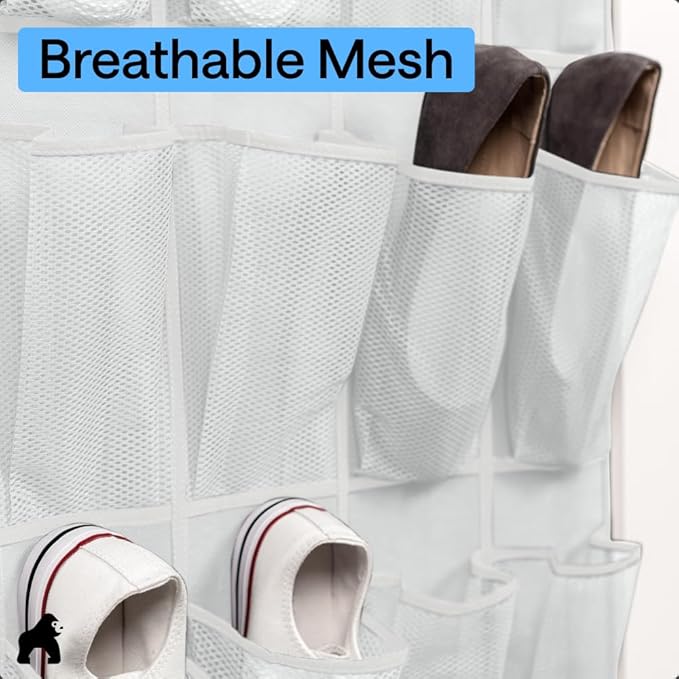 GORILLA GRIP Over the Door Shoe Organizer, 12 Large Breathable Mesh Pockets, Space Saving Hanging Storage Holder, 2 Hook Closet Rack Hanger, Hangs on Closets for Shoes, Accessories, 64H x 9.5W White