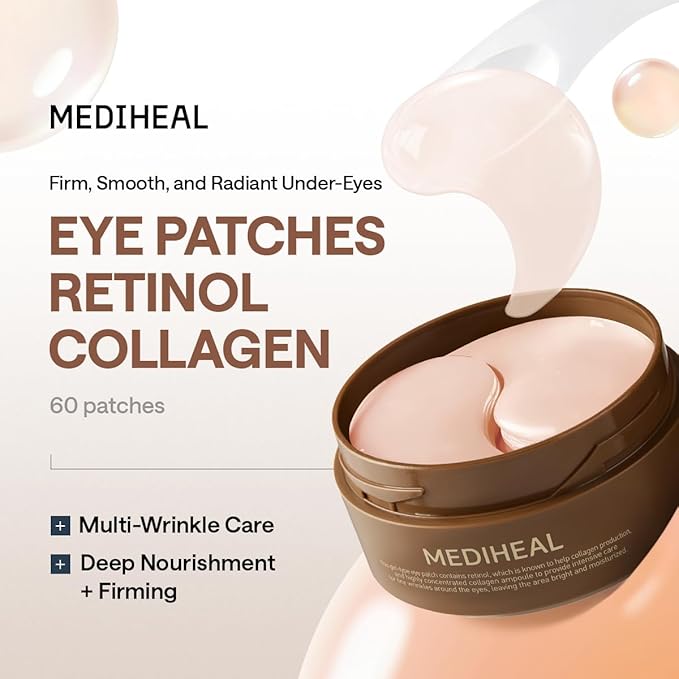 Mediheal Retinol Collagen Under Eye Patches - Korean Hydrogel Eye Pads (60 patches) with 95% Retinol & 5 Micro Collagen. Nourishing & Non Irritating Eye Gel Mask. Sealing Cap & Spatula Included.