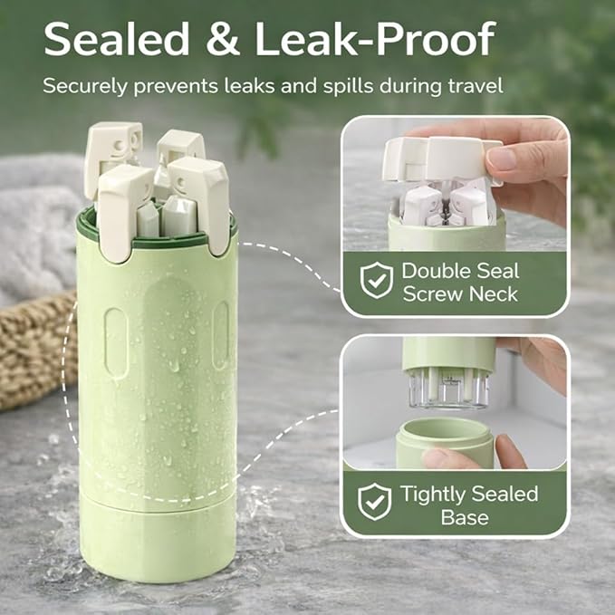 4-in-1 Travel Bottles for Toiletries, Travel Pump Bottle，Leak-Proof Shampoo Conditioner Lotion Dispenser with Pump, Compact No-Spill Toiletry Containers for Travel & Business Trips (Green)