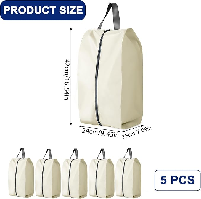 5Pcs XL Travel Shoe Bags Portable Travel Gifts Shoe Organizer with Zipper Closure, Waterproof Nylon Shoe Storage Organizer with Handle Travel Bags For Men and Women, Beige