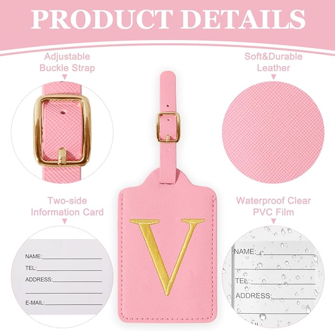 Personalized Initial Luggage Tags for Suitcases,Leather Letter Cute Luggage Tags with Privacy Name Card,Embroidered Monogrammed Travel Bag Backpack Tag Gifts for Women Kids Girls Teens(Pink-V)