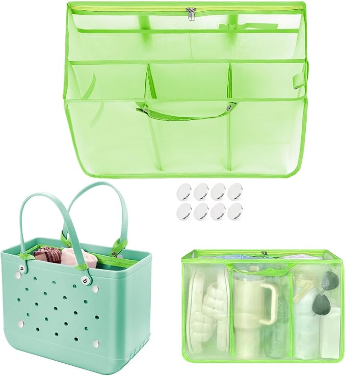 XYFuuee Beach Bag Organizer Inserts for Original Large Bogg Bag Accessories with 8 Removable Metal Fasteners, Lightweight Mesh Insert Divider Pouch, Organizing Rubber Tote, Save Space, Green XL