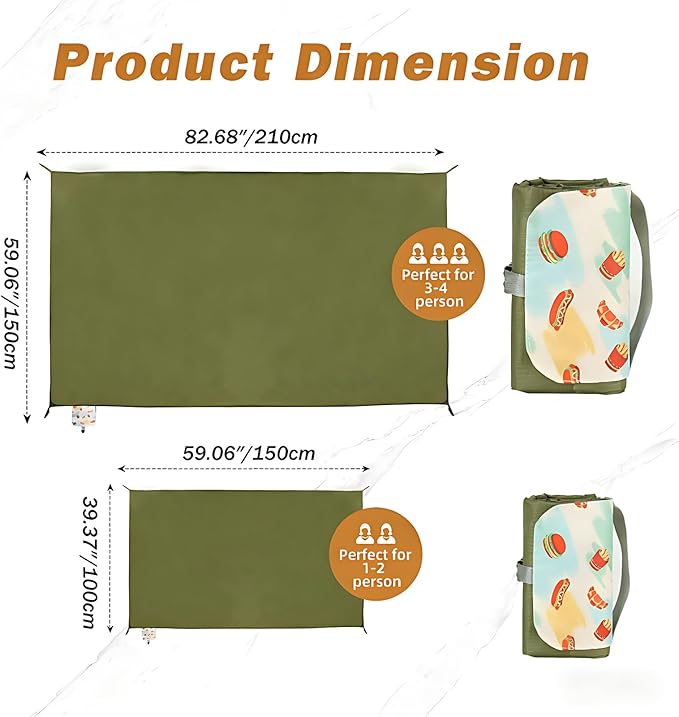 Picnic Blanket Waterproof – Packable Sand Proof Beach Blanket (0.42lb/0.66lb), Compact & Foldable, Fits in Pocket with Integrated Stakes, Ideal for Camping, Hiking, Travel, Concert, Festival