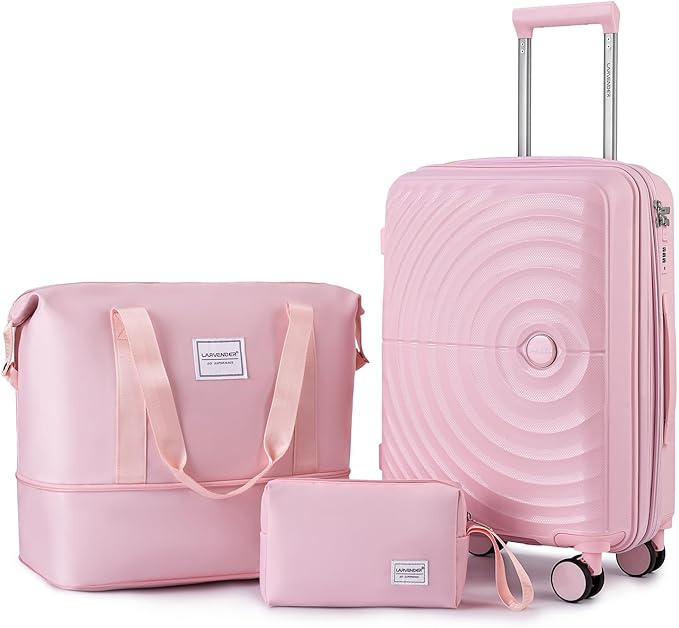 LARVENDER Carry On Luggage Set 22x14x9 Airline Approved, Expandable 20 Inch Carry-On Suitcases With Wheels, Lightweight Luggage Sets 3 Pieces With Duffel Bag, Light Pink