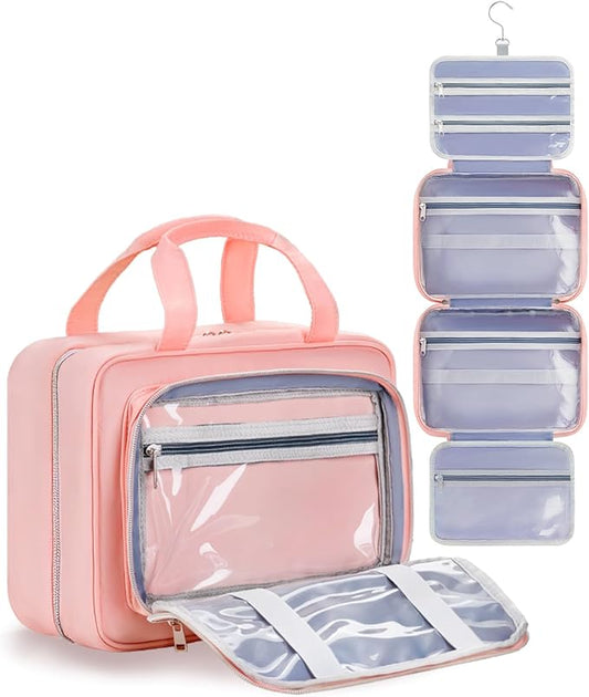 Travel Hanging Toiletry Bag for Women - Waterproof Cosmetic Organizer with Clear Window, Lightweight Bathroom Bags for Essentials, Makeup, Shampoo, Toiletries Dark Pink,Large