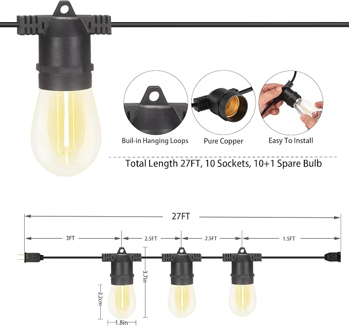 S14 LED Outdoor String Lights, Shatterproof IP65 27Ft (Maximum 918Ft) for Patio Lightings Outdoor Waterproof, Outside Lights for Outdoor Lighting (27FT - 10 Bulbs (1 String))