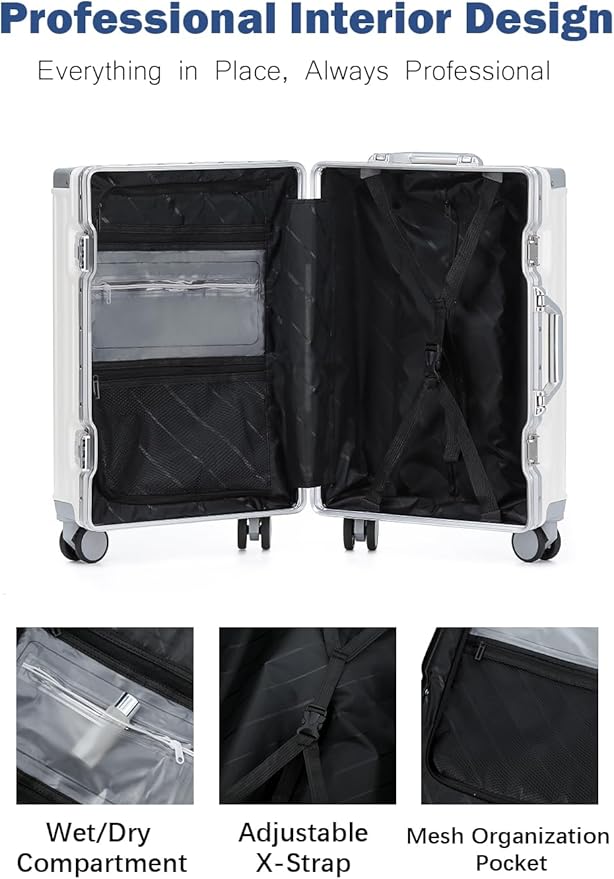 HotWay 26 Inch Aluminum Frame Luggage with Spinner Wheels, PC Hard Shell Suitcase with Cup Holder, Zipperless Luggage for Business Travel, White