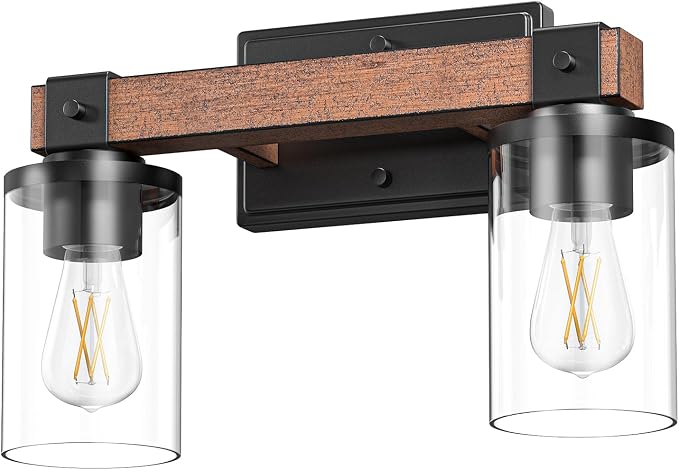 EDISHINE 2-Light Painted Wood Wall Sconces, Farmhouse Vanity Light Fixture | Clear Glass Shade, Up & Down Mounting Optional, E26 Base, Rustic Charm, Waterproof for Bedroom, Powder Room