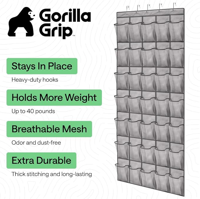 GORILLA GRIP Over the Door Shoe Organizer, 35 Large Breathable Mesh Pockets, Space Saving Hanging Storage Holder, 5 Hook Closet Rack Hanger, Hangs on Closets for Shoes, Accessories 68.5H x 24.5W Grey
