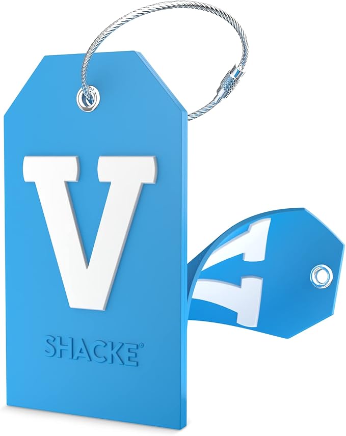Shacke Initial Luggage Tag with Full Privacy Cover and Stainless Steel Loop - Aqua Teal (Letter V)