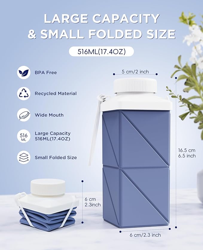 Collapsible Water Bottles 17.4oz (516ML), Leakproof BPA-Free Reusable Travel Water Bottle, Lightweight for Cycling Camping Sports (Dark Blue + Green)