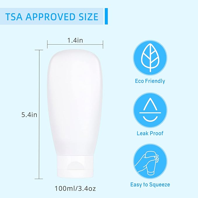 TSA Approved Travel Bottles Set for Toiletries Travel Size Containers Kit 4 Pack Portable Leak Proof Refillable Squeeze Cosmetic Airplane Essential Shampoo Hair Conditioner Body Lotion Bath Shower Gel