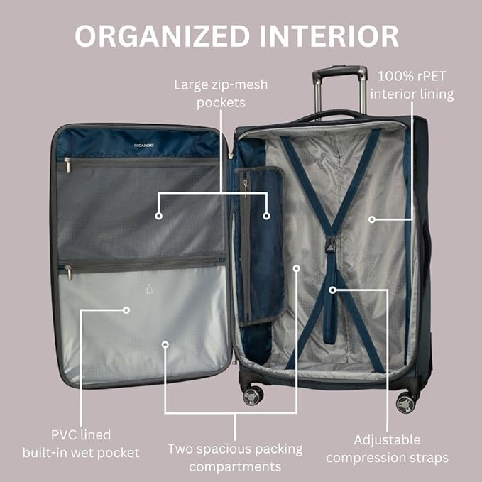 Ricardo Beverly Hills Avalon Softside 2-Piece Luggage Set Made with Sustainable 100% Recycled PET (rPET), Lightweight, Eco-Friendly Travel, Expandable, Dual Spinner Wheels, Storm Blue, (20" & 28")