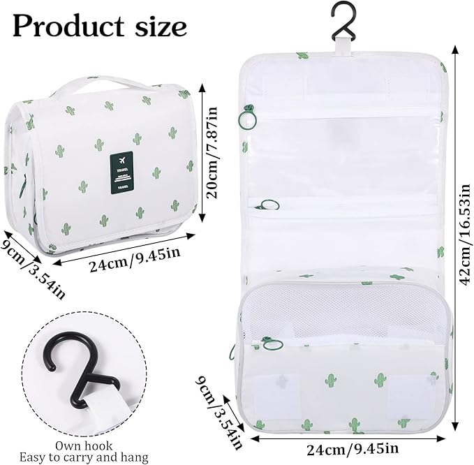 Pengxiaomei Hanging Toiletry Bag, Cactus White Waterproof Cosmetic Bag Portable Makeup Pouch Travel Wash Bag with Handle for Kids Teen Girls Tea Party Mothers Day Gifts