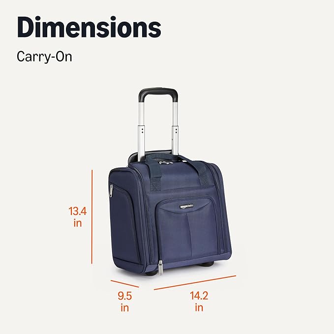 Amazon Basics Underseat Carry-On Luggage with Wheels and Handle, 14" Rolling Travel Bag, Fits Overhead Bins, Organized Compartments, Navy