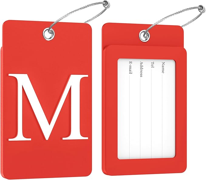 Gostwo 2 Pack Luggage Tags for Suitcases, 26 Initial Letter Travel Luggage Baggage Identification Labels ID Tag Fully Bendable Tags with Stainless Steel Loop (Red) (Letter M)