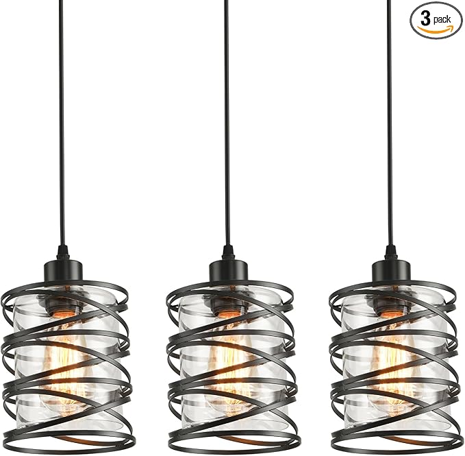 3 Pack Pendant Light Kitchen Island Pendant Lighting, Glass Hanging Light with Spiral Cage Clear Glass Shade, Black Modern Indoor Hanging Lamp