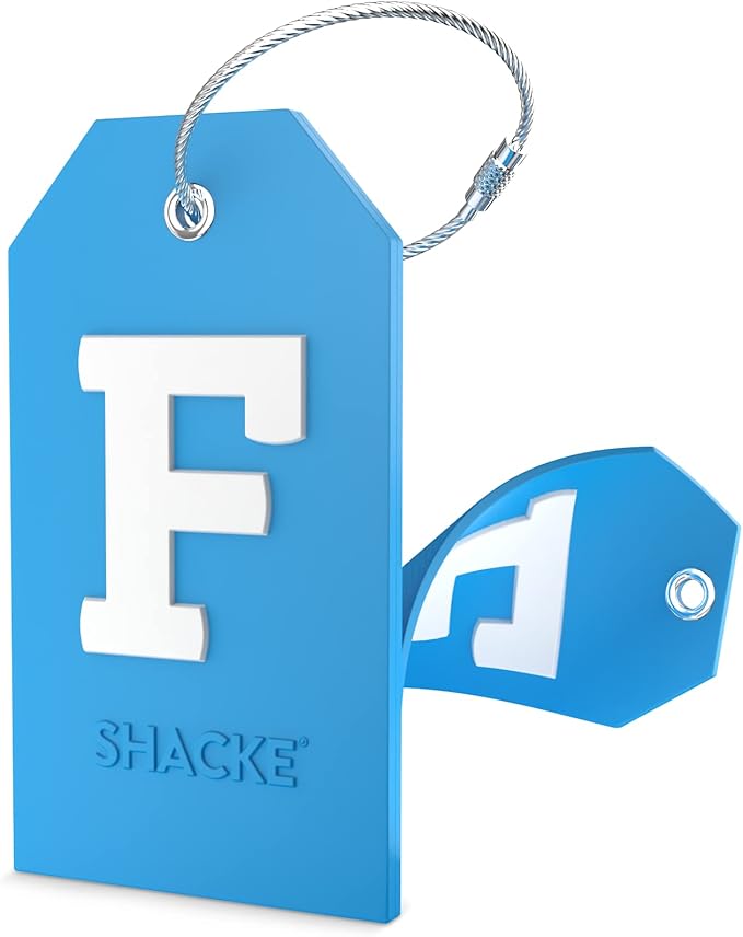 Shacke Initial Luggage Tag with Full Privacy Cover and Stainless Steel Loop - Aqua Teal (Letter F)
