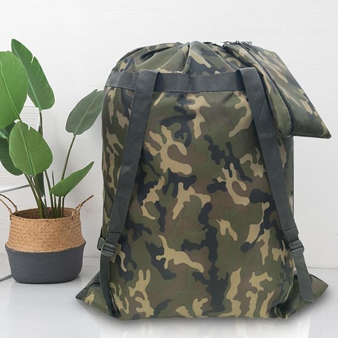 Large Laundry Bag Backpack, 27” x 34”Sturdy Laundry Bag with Shoulder Straps Drawstring Closure Heavy Duty Foldable Laundry Backpack for College, Travel, Laundromat, Apartment (camo)