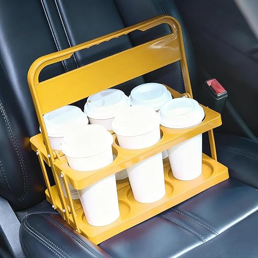 Bodaon 6 Cup Drink Carrier with Handle, Plastic Cup Holders for Take Out Delivery Drivers, Reusable Foldable Car Drink Caddy, Leakproof Food Delivery Accessories, 360° Secure Grip, Yellow