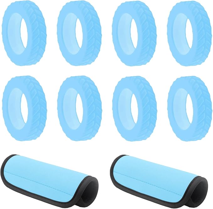 8-Pack Luminous Blue Luggage Wheel Covers (Fits 2"-2.4" Double Wheels) & 2-Pack Blue Handle Wraps - Silicone Tire-Textured Wheel Protectors, Wet-Suit Material Handle Grips for Travel
