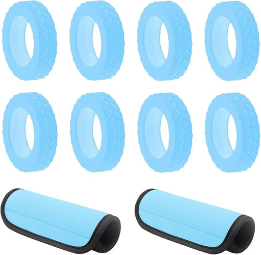 8-Pack Luminous Blue Luggage Wheel Covers (Fits 2"-2.4" Double Wheels) & 2-Pack Blue Handle Wraps - Silicone Tire-Textured Wheel Protectors, Wet-Suit Material Handle Grips for Travel
