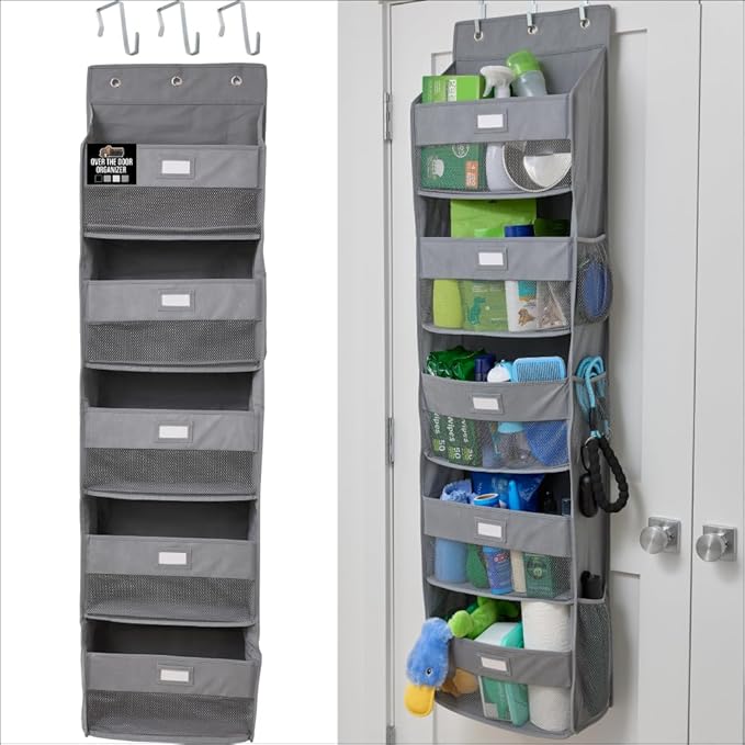 GORILLA GRIP Over The Door Organizer Storage, 5 Deep Hanging Shelves, Holds 50lbs, Closet Organizers Shelf for Bedroom, Shoes, Bathroom, Nursery, Dorm Essentials, 3 Metal Hooks, 58x15 Inches, Gray