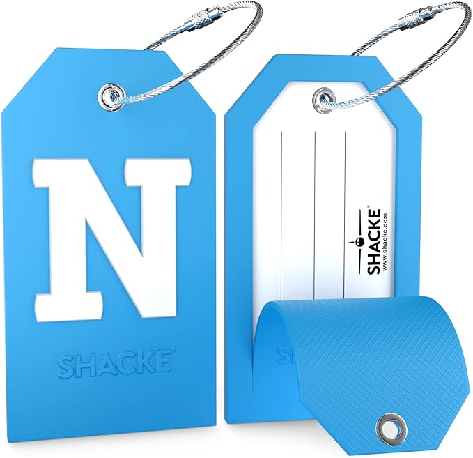 Shacke Initial Luggage Tag with Full Privacy Cover and Stainless Steel Loop - Aqua Teal (Letter N)