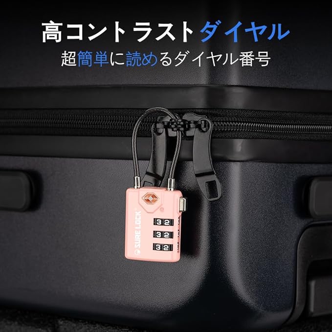 SURE LOCK TSA Approved Combination Luggage Locks with Open Alert Indicator – Durable Zinc Alloy Cable Travel Locks with Large Easy-Read Dials for Suitcases, Backpacks & Gym Bags(2, Pink 2 Pack)