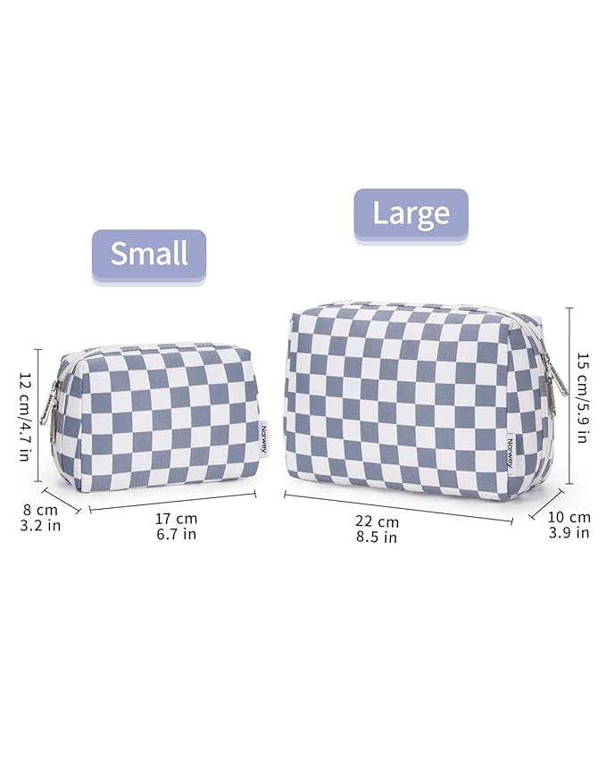 Narwey Checkered Makeup Bag Travel Cosmetic Bag Organizer Toiletry Bag Make Up Bags with Compartments for Women Girls (Large, Grayish Blue Checkerboard)