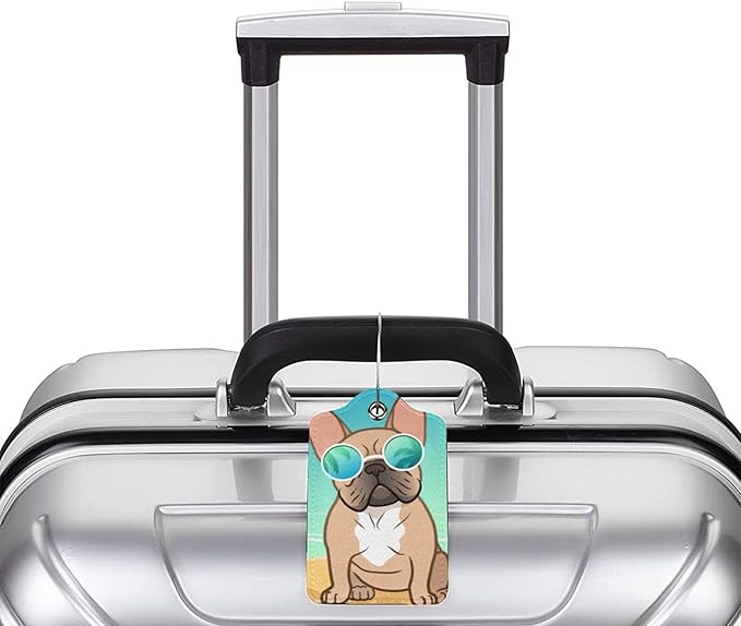 Cute French Bull Dog 2 Pcs Luggage Tags, Privacy Cover Id Label with Stainless Steel Loop and Address Card for Suitcases & Travel Bags