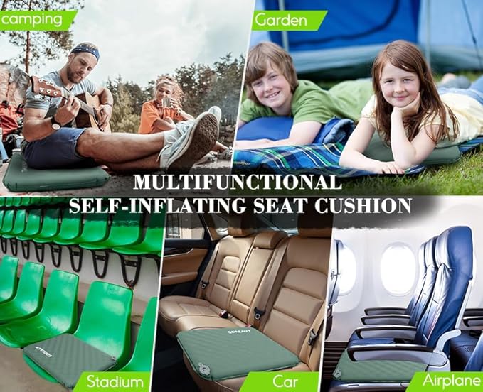 Inflatable Seat Cushion, Self-Inflating Memory Foam Stadium Seats Cushion Lightweight & Compact Chair Sitting Pad Airplane Cushion for Long Flight Travel Outdoor Camping Car Bleachers Office