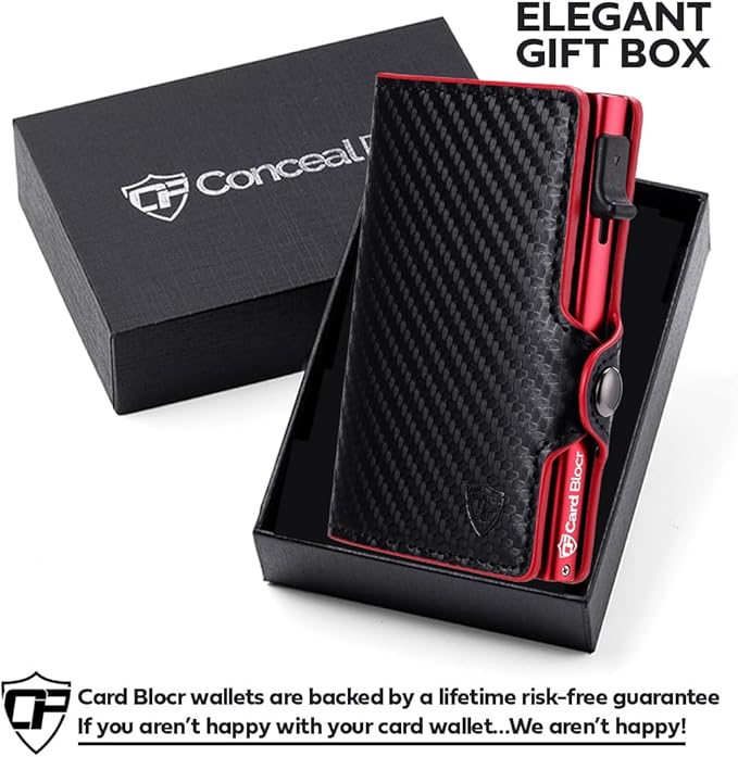 Conceal Plus Card Blocr Pop Up Wallet for Men - Slim Metal RFID Blocking Card Holder (4-6 Cards Ejector) - Minimalist Smart Front Pocket Wallet with Internal Cash + ID Storage