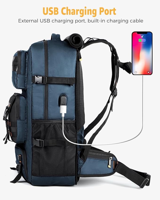 Ponhog Travel Backpack for Men, 50L Carry On Flight Approved Convertible Duffle Bag with Shoe Compartment, 17 inch Laptop Luggage with USB Charging Port for Weekender Hiking, Blue