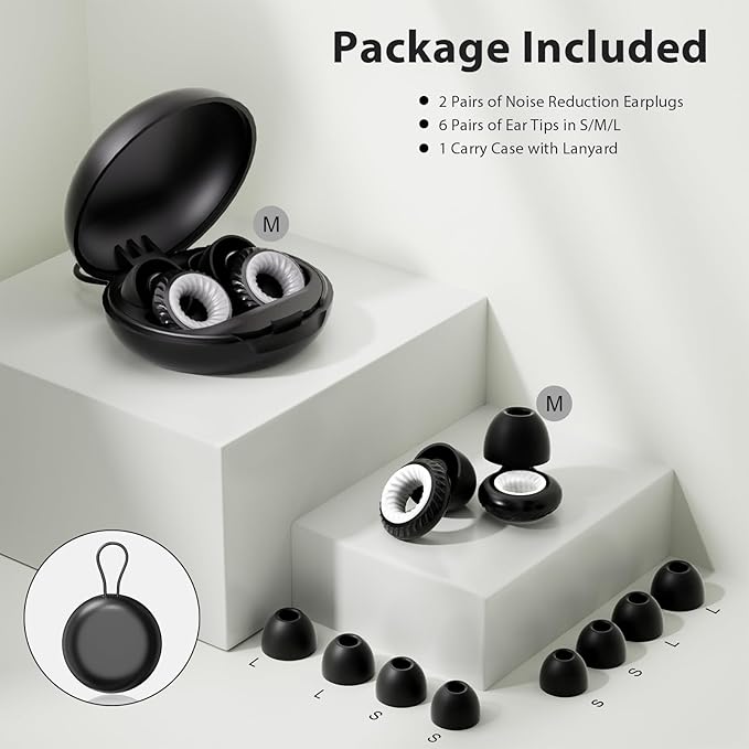 Concert Ear Plugs, Yawsoy Reusable Ear Plugs for Concerts, Raves, Focus and Sleep, High Fidelity Noise Cancelling Ear Plugs, 20dB Noise Reduction & Hearing Protection, 6 Pair Eartips in S/M/L (Black)